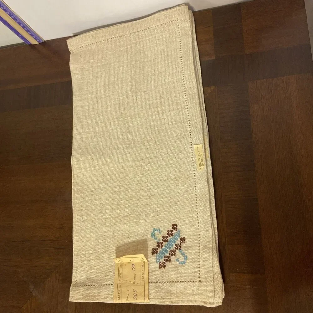 Vtg Soviet Union Linen Napkins NOS NWT USSR Hand Made Cross Stitch Embroidered